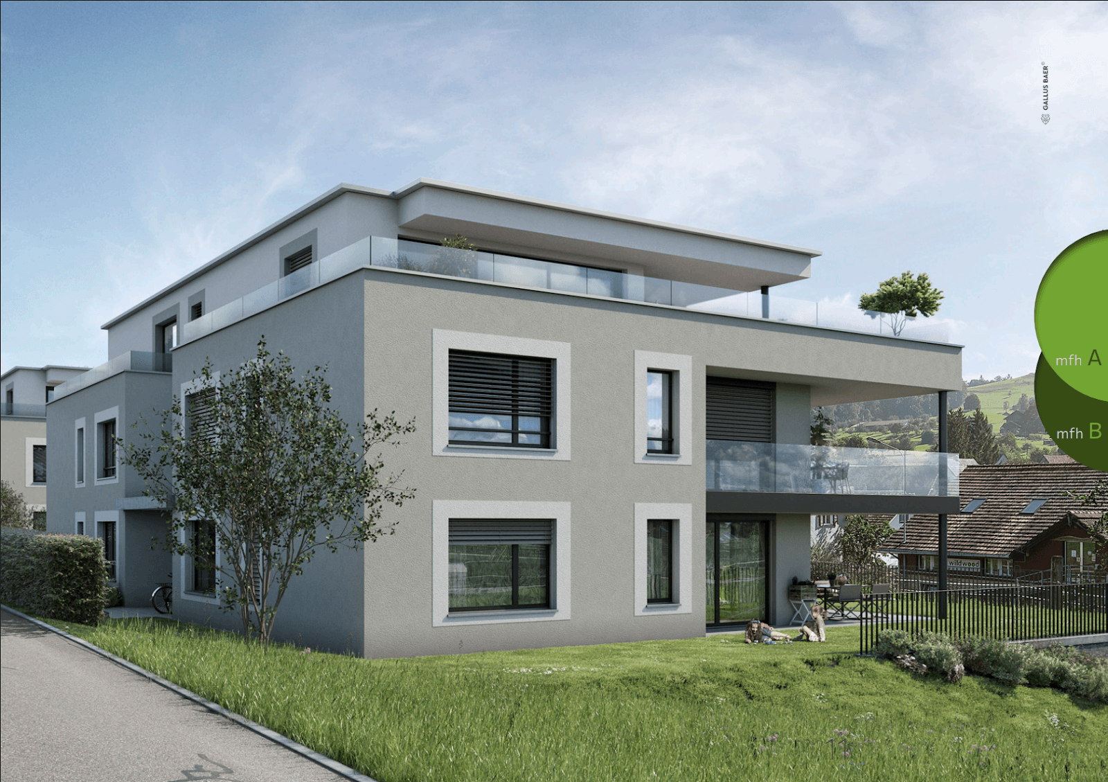 Aussenansicht eines Mehrfamilienhauses Rössliwiese